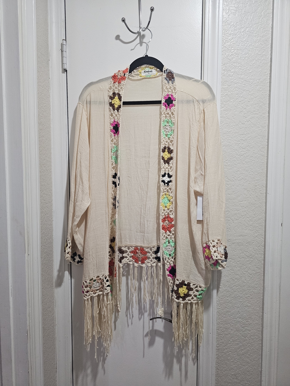 Boho Crochet Fringe Cardigan/cover Up- Cream with Multicolor Accents 2xl